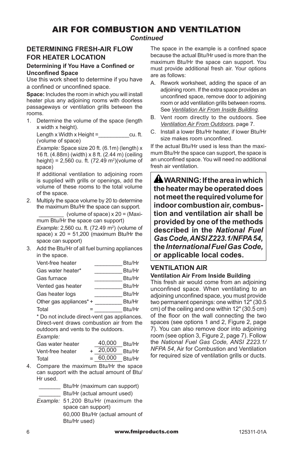 Air for combustion and ventilation | FMI PFS US VSHRP26M User Manual | Page 6 / 28