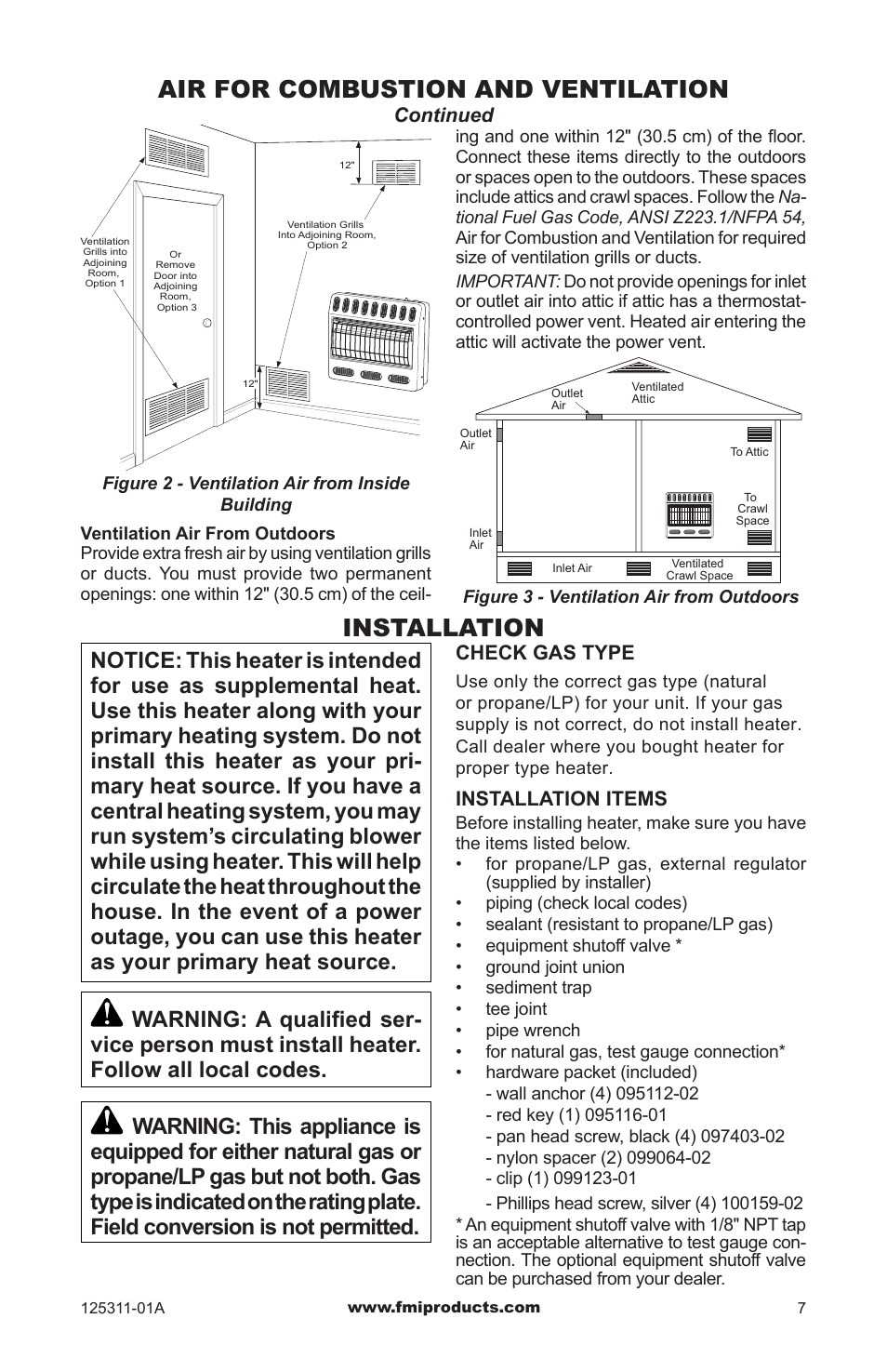 Air for combustion and ventilation, Installation | FMI PFS US VSHRP26M User Manual | Page 7 / 28