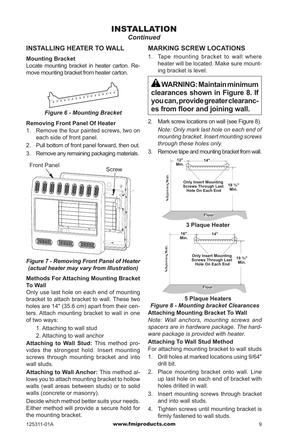 Installation, Continued, Installing heater to wall | Marking screw locations | FMI PFS US VSHRP26M User Manual | Page 9 / 28