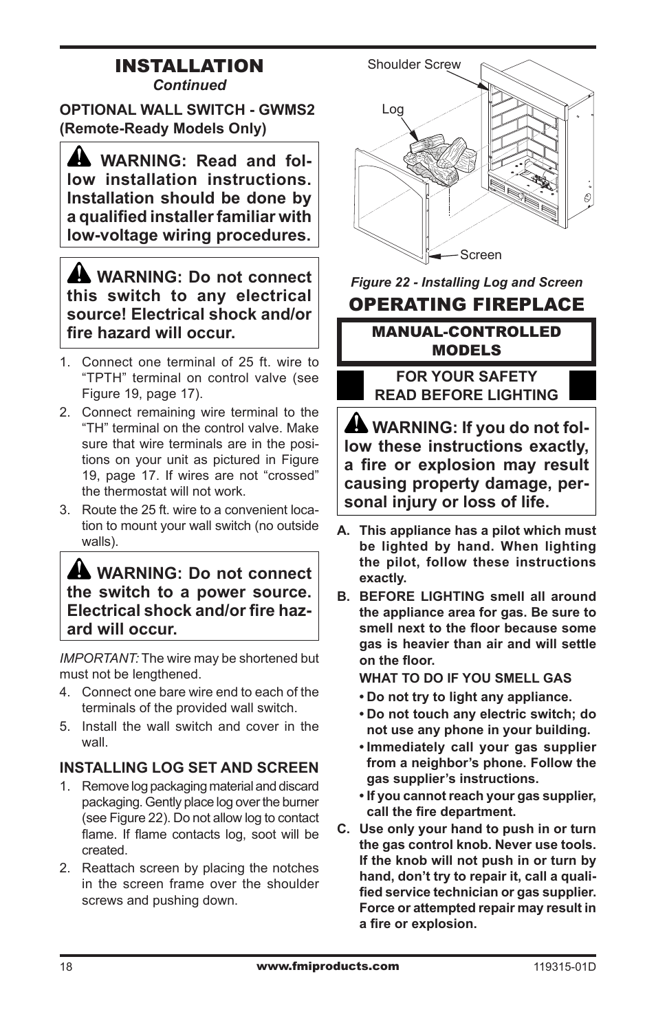 Operating fireplace, Installation | FMI CGMFN User Manual | Page 18 / 36