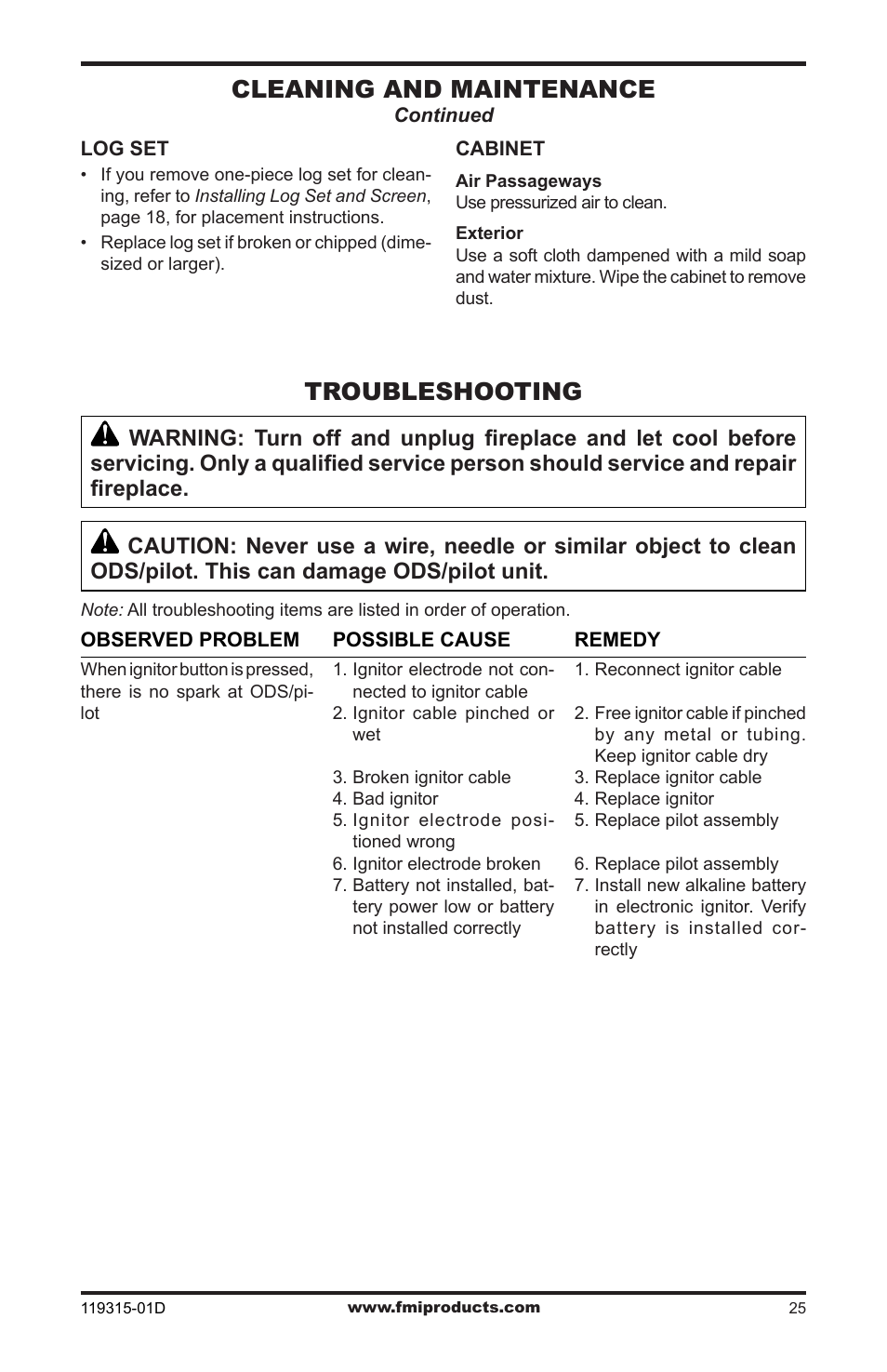 Troubleshooting, Cleaning and maintenance | FMI CGMFN User Manual | Page 25 / 36