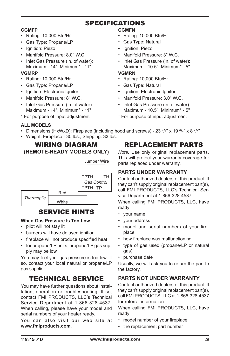 Specifications, Wiring diagram, Service hints | Technical service, Replacement parts, Specifications service hints | FMI CGMFN User Manual | Page 29 / 36