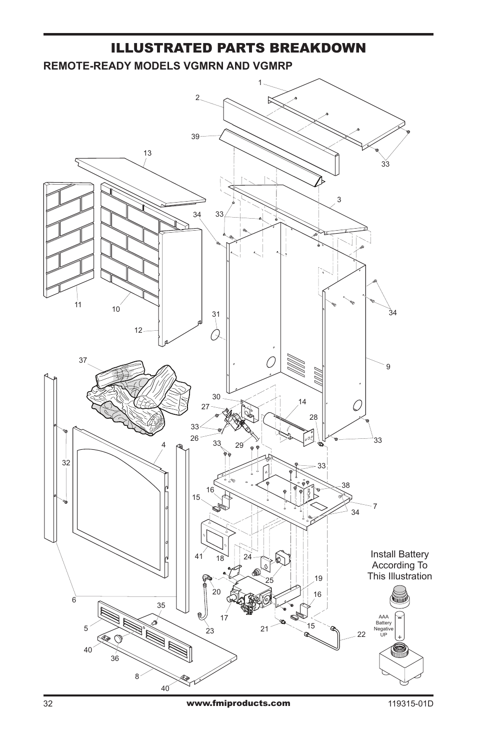 Illustrated parts breakdown, Remote-ready models vgmrn and vgmrp, Install battery according to this illustration | FMI CGMFN User Manual | Page 32 / 36