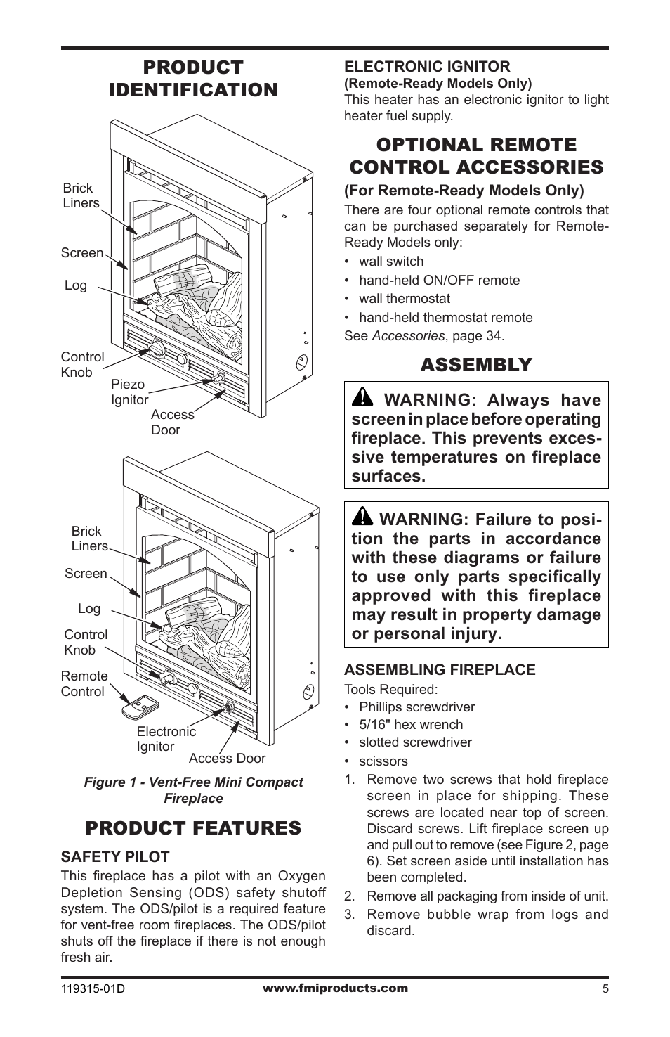 Product identification, Product features, Optional remote control accessories | Assembly | FMI CGMFN User Manual | Page 5 / 36