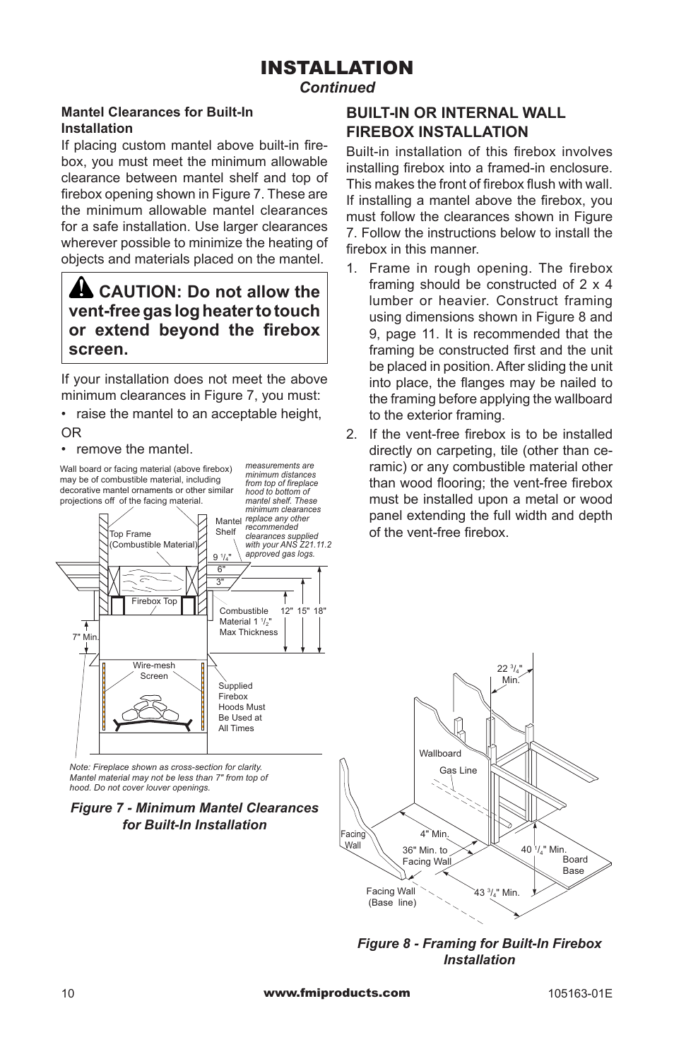 Installation, Continued, Built-in or internal wall firebox installation | FMI PENINSULA FGPN User Manual | Page 10 / 20