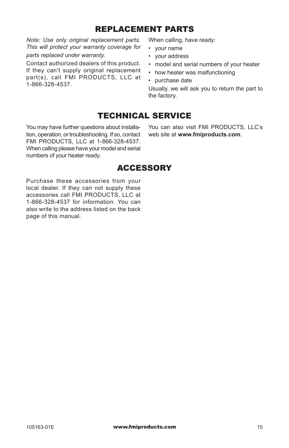 Replacement parts, Technical service, Accessory | FMI PENINSULA FGPN User Manual | Page 15 / 20
