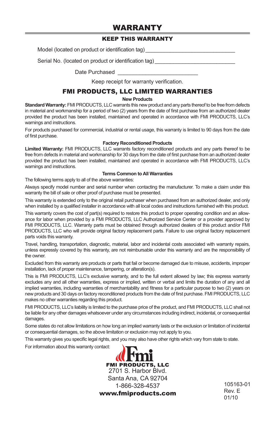 Warranty, Fmi products, llc limited warranties | FMI PENINSULA FGPN User Manual | Page 20 / 20