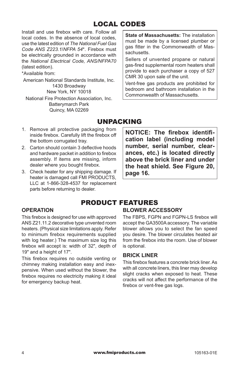 Local codes, Unpacking, Product features | FMI PENINSULA FGPN User Manual | Page 4 / 20