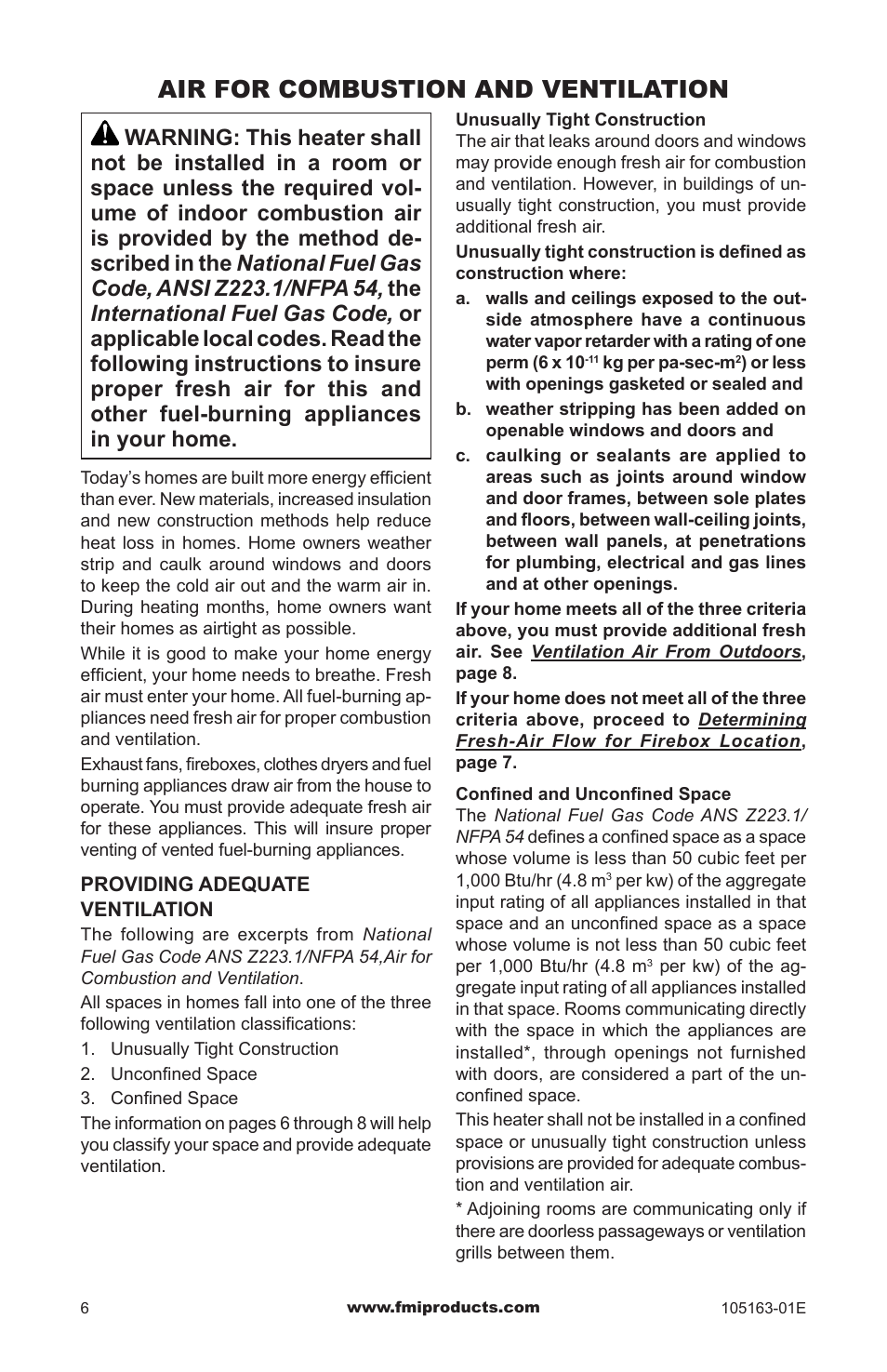 Air for combustion and ventilation | FMI PENINSULA FGPN User Manual | Page 6 / 20