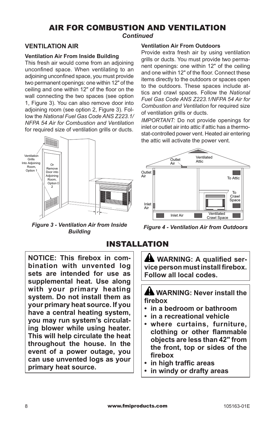 Air for combustion and ventilation, Installation | FMI PENINSULA FGPN User Manual | Page 8 / 20