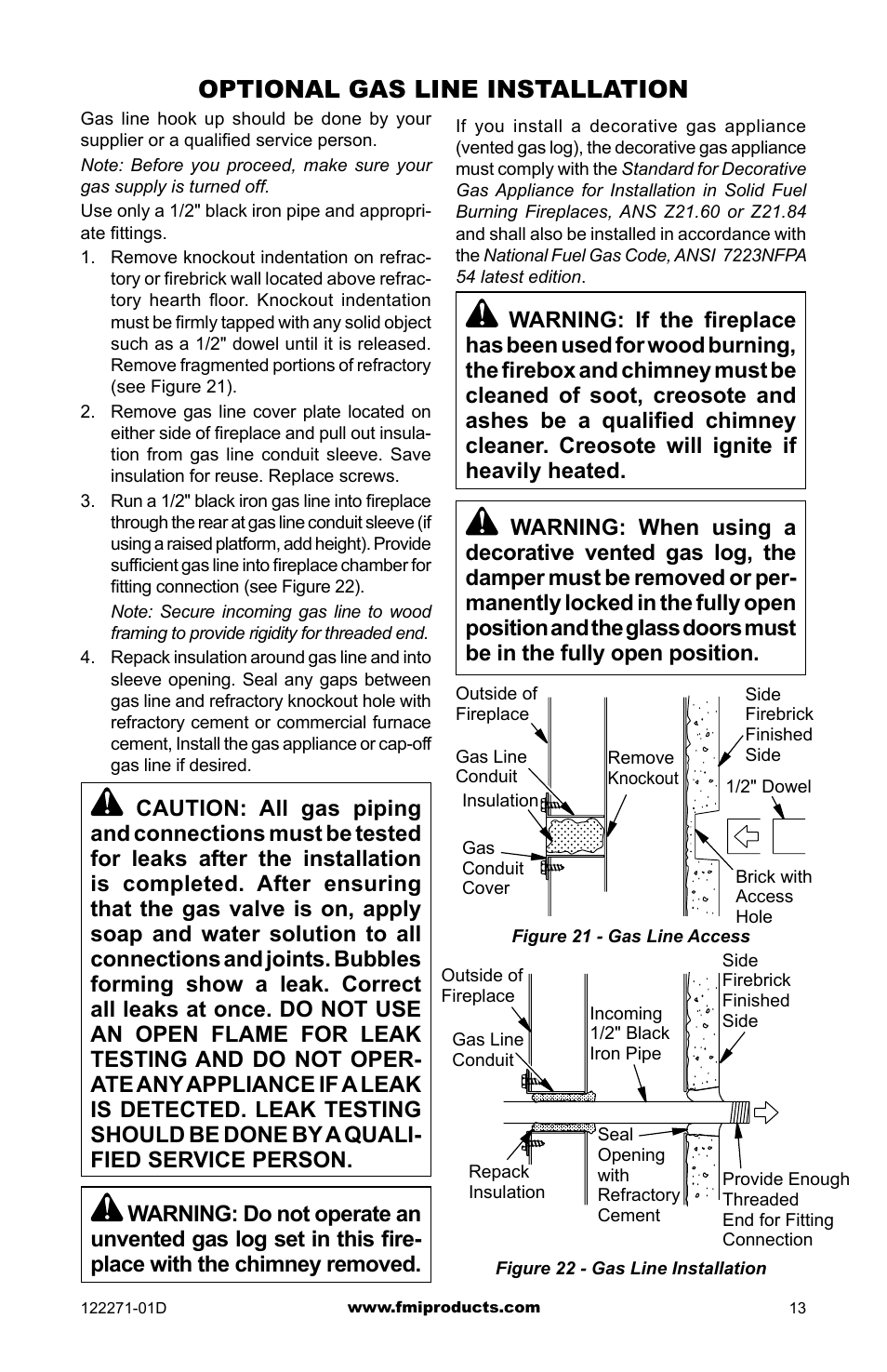 Optional gas line installation | FMI WCM-42G User Manual | Page 13 / 40