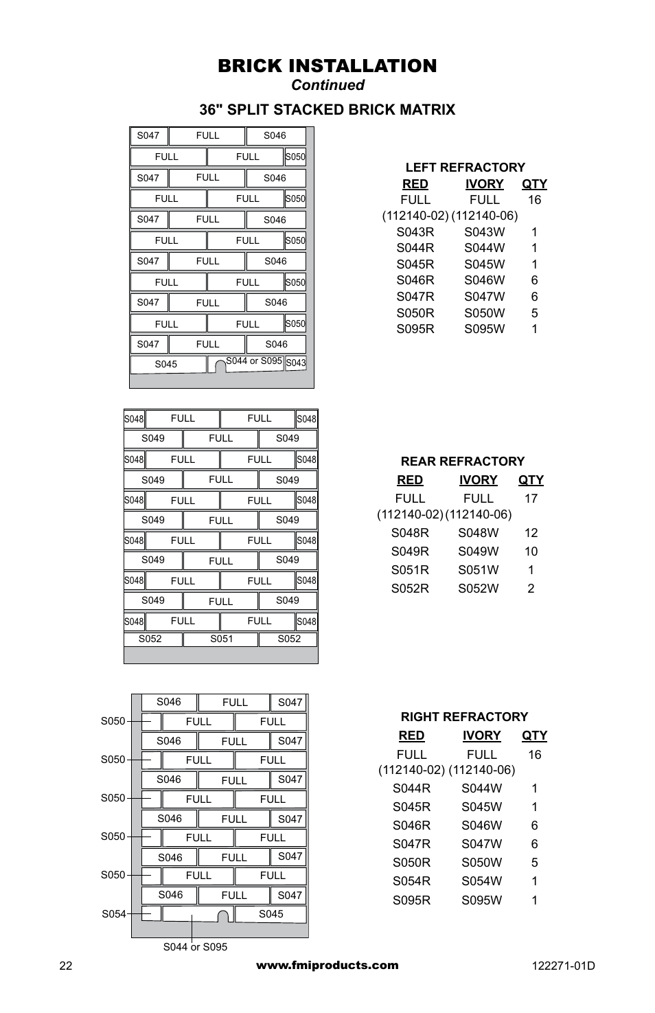 Brick installation, Continued 36" split stacked brick matrix | FMI WCM-42G User Manual | Page 22 / 40