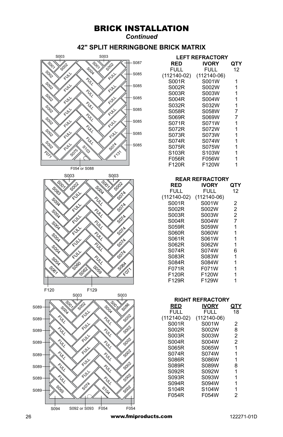 Brick installation, Continued 42" split herringbone brick matrix | FMI WCM-42G User Manual | Page 26 / 40