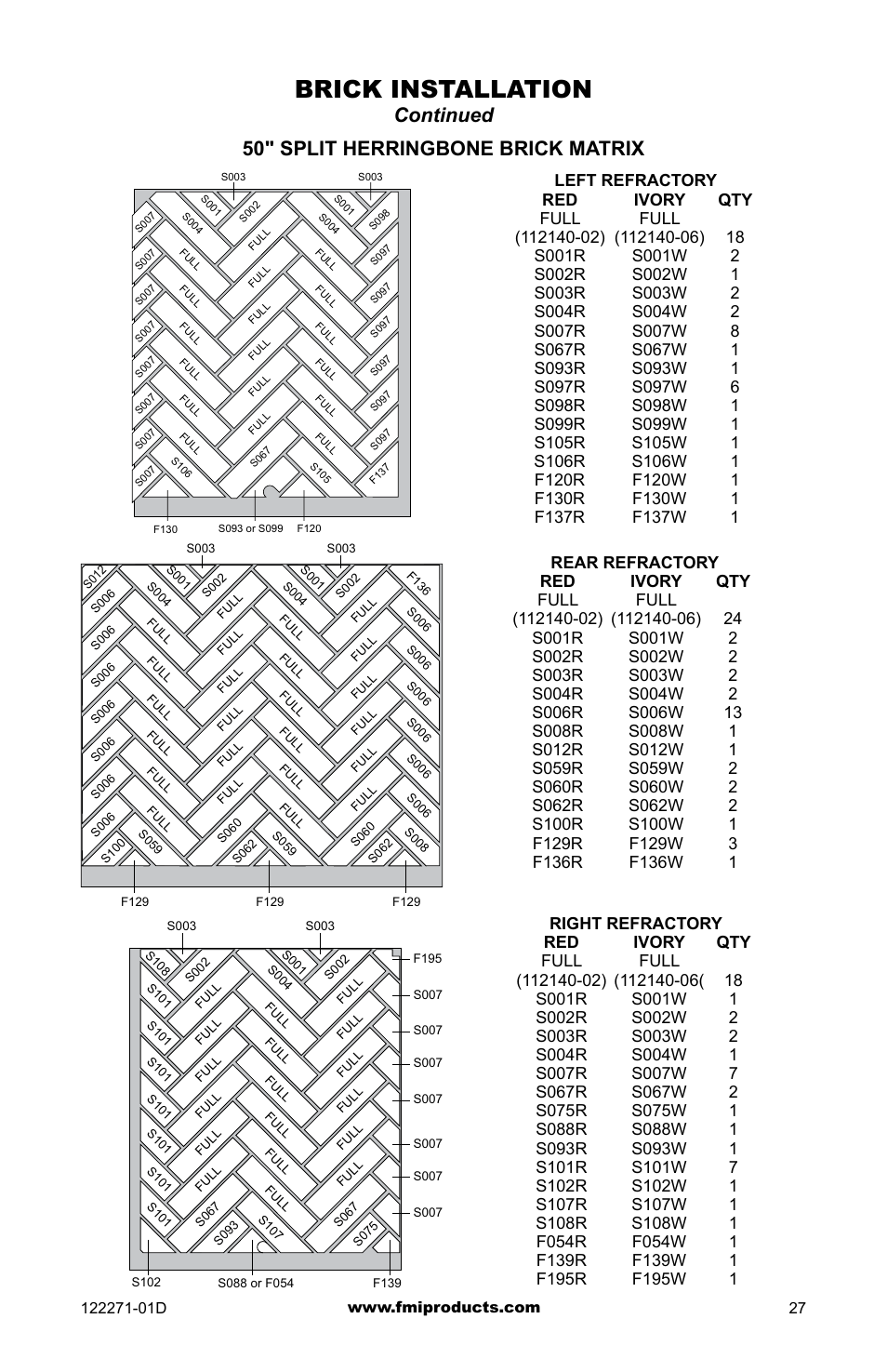 Brick installation, Continued 50" split herringbone brick matrix | FMI WCM-42G User Manual | Page 27 / 40