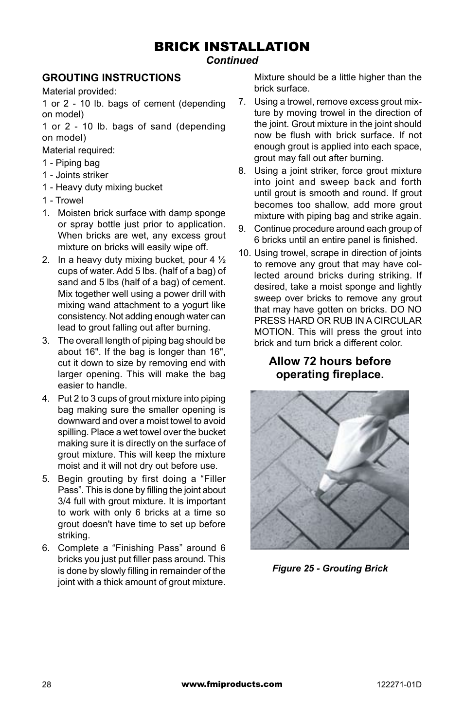 Brick installation, Allow 72 hours before operating fireplace | FMI WCM-42G User Manual | Page 28 / 40