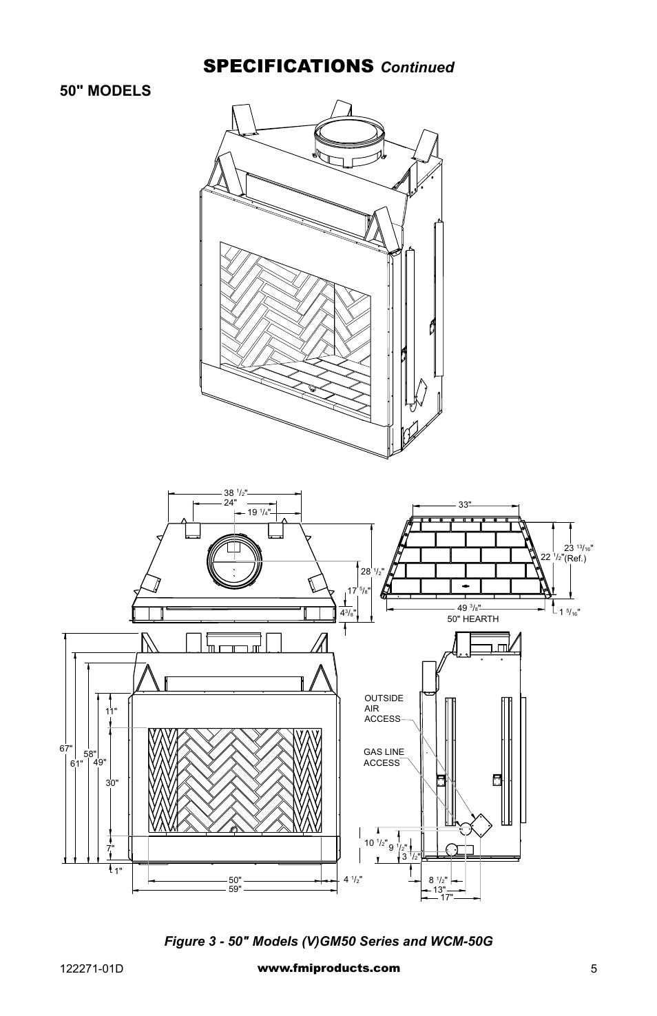 Specifications, Continued 50" models | FMI WCM-42G User Manual | Page 5 / 40