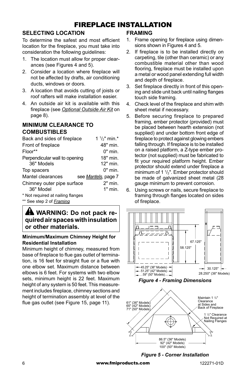 Fireplace installation, Framing, Selecting location | Minimum clearance to combustibles | FMI WCM-42G User Manual | Page 6 / 40