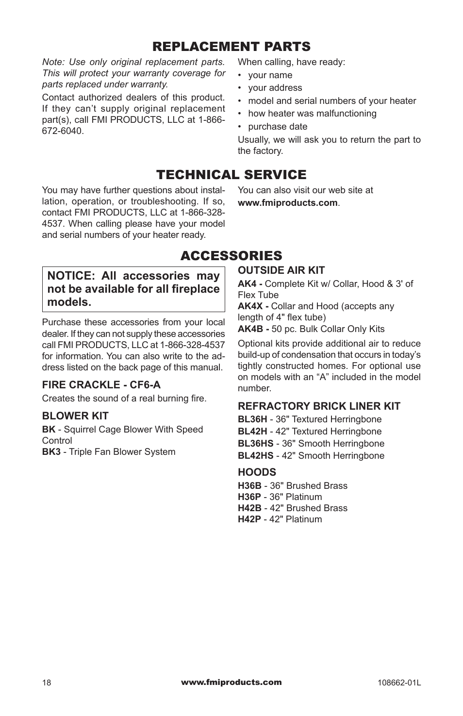Replacement parts, Technical service, Accessories | FMI VFB36NC1 User Manual | Page 18 / 24