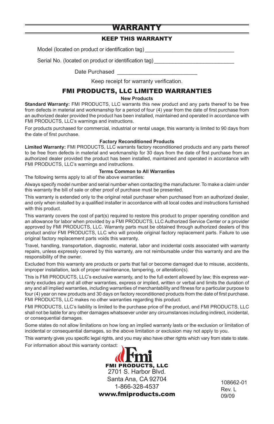 Warranty | FMI VFB36NC1 User Manual | Page 24 / 24