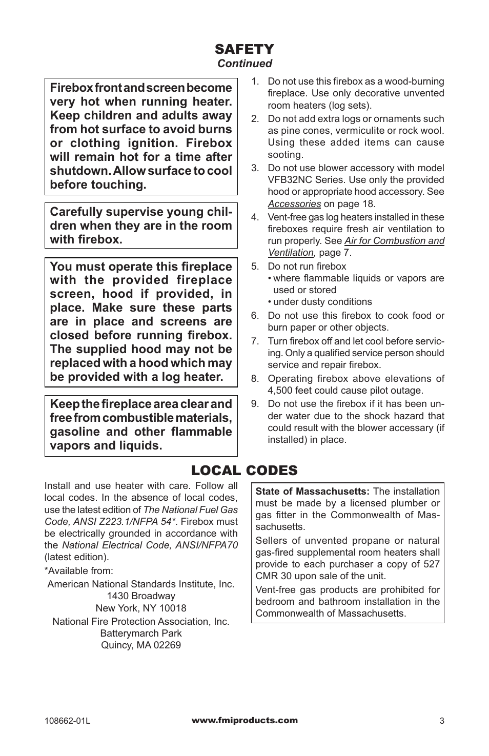 Local codes, Safety | FMI VFB36NC1 User Manual | Page 3 / 24