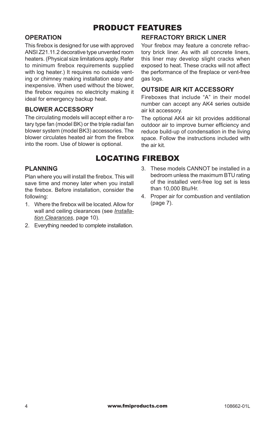 Product features, Locating firebox | FMI VFB36NC1 User Manual | Page 4 / 24