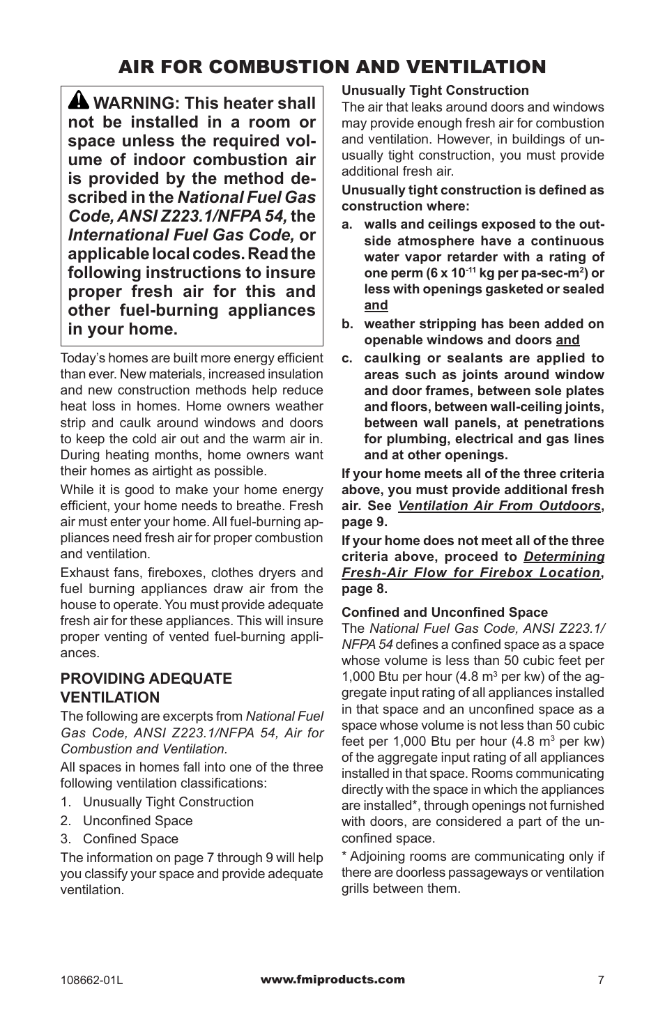 Air for combustion and ventilation | FMI VFB36NC1 User Manual | Page 7 / 24