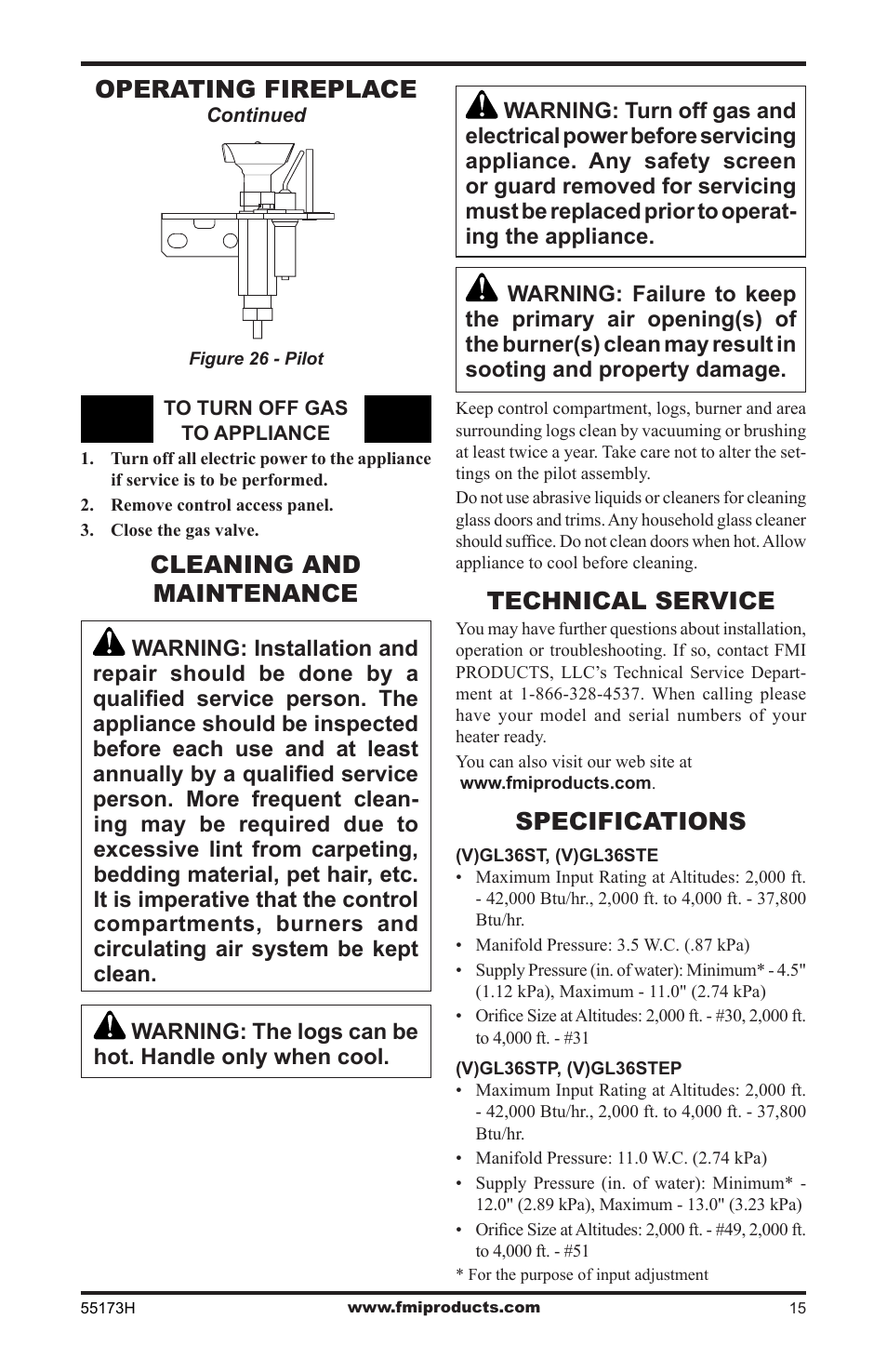 Cleaning and maintenance, Operating fireplace, Technical service | Specifications | FMI GL36STEP User Manual | Page 15 / 20