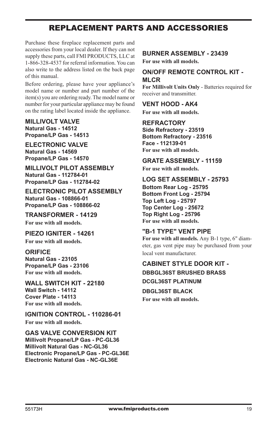 Replacement parts and accessories | FMI GL36STEP User Manual | Page 19 / 20