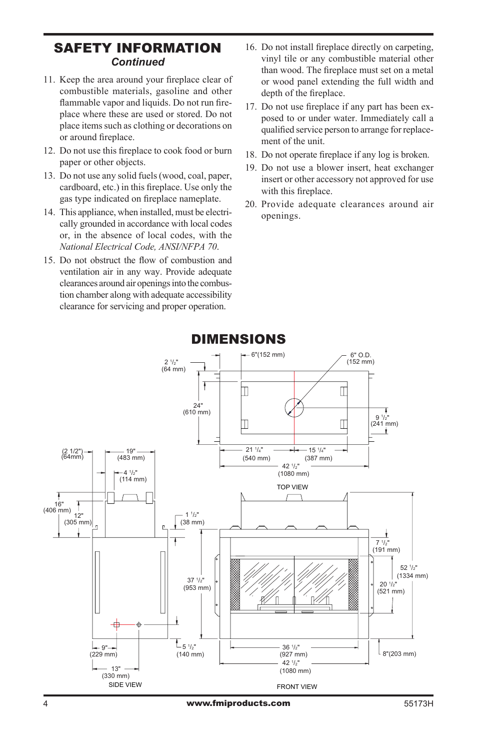 Safety information, Dimensions, Continued | FMI GL36STEP User Manual | Page 4 / 20