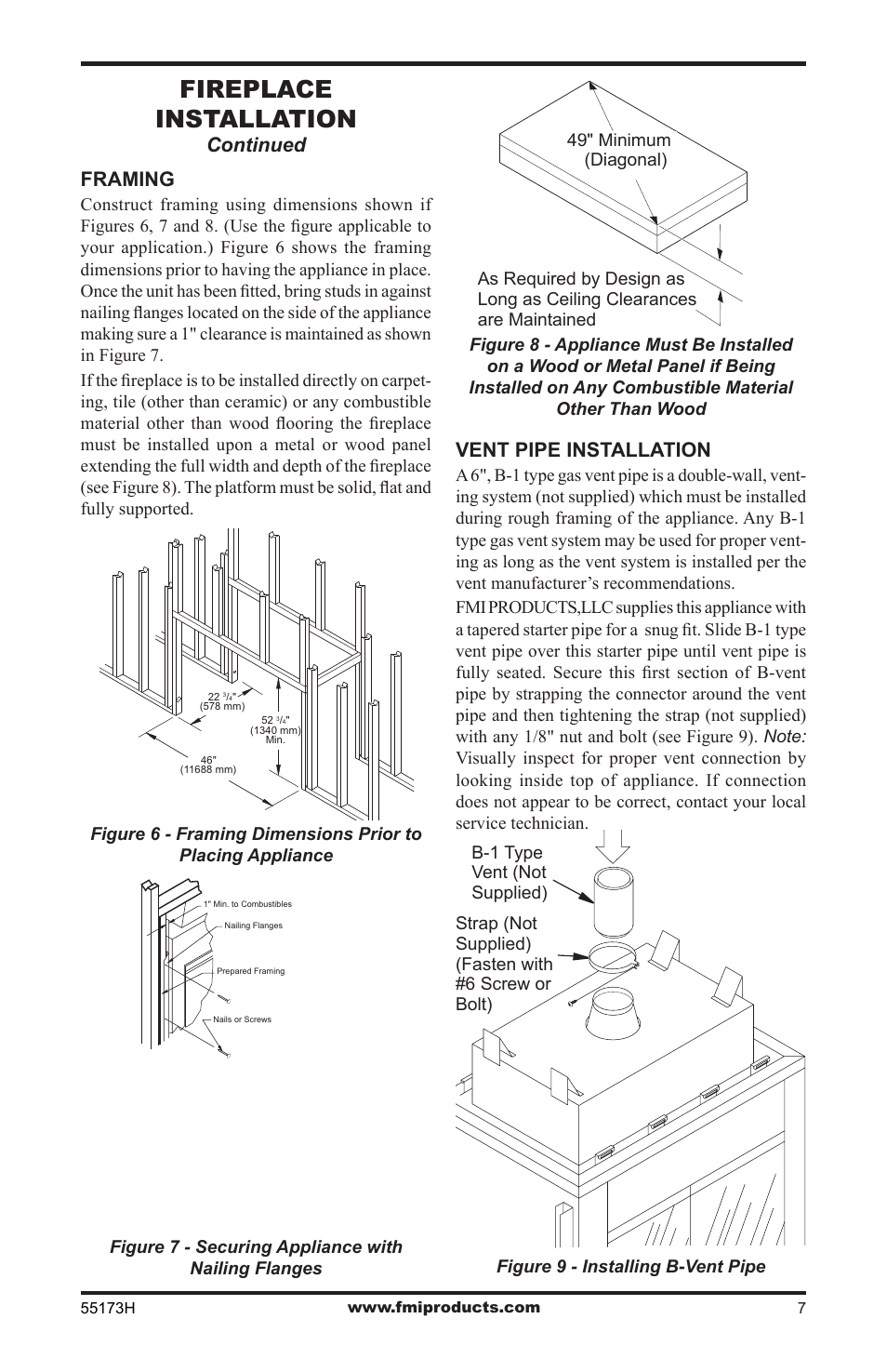 Fireplace installation, Continued framing, Vent pipe installation | FMI GL36STEP User Manual | Page 7 / 20