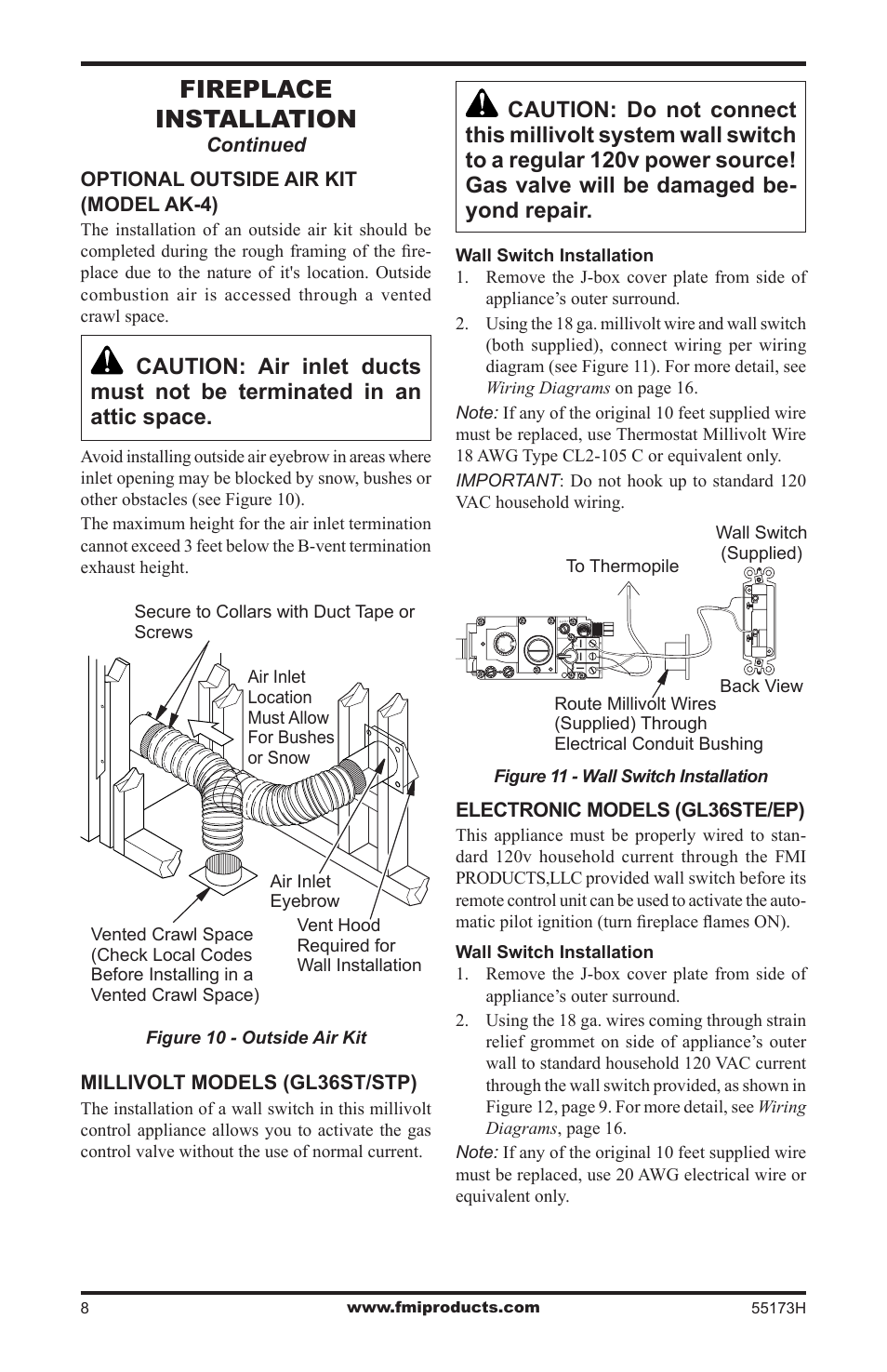 Fireplace installation, Continued optional outside air kit (model ak-4), Millivolt models (gl36st/stp) | Electronic models (gl36ste/ep) | FMI GL36STEP User Manual | Page 8 / 20