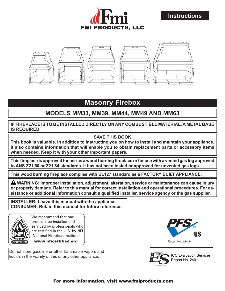 FMI MASONRY FIREBOX MM33 User Manual | 44 pages