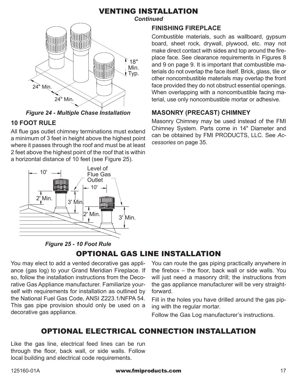 Venting installation, Optional gas line installation, Optional electrical connection installation | FMI MASONRY FIREBOX MM33 User Manual | Page 17 / 44