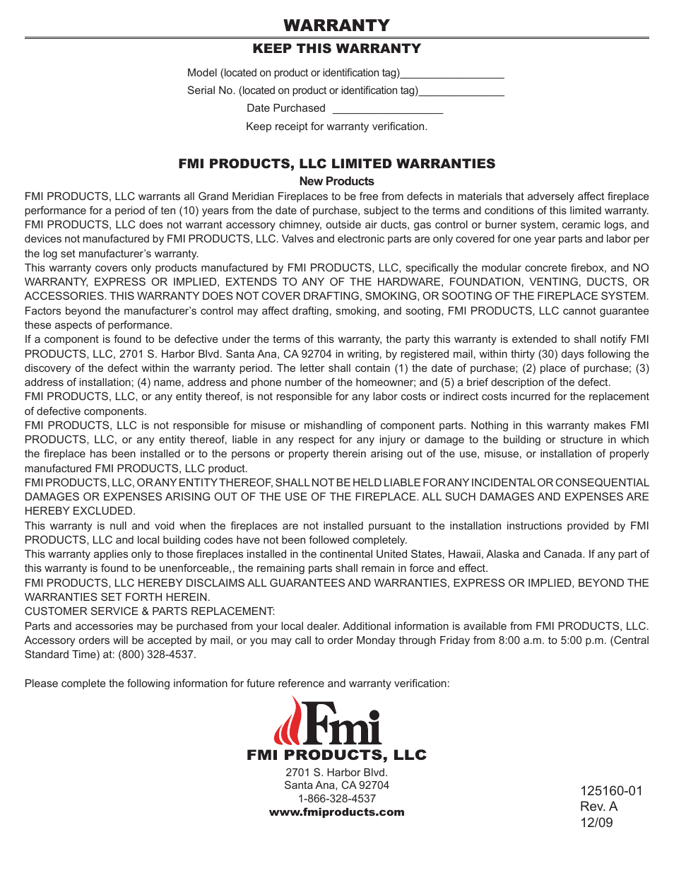 Warranty | FMI MASONRY FIREBOX MM33 User Manual | Page 44 / 44