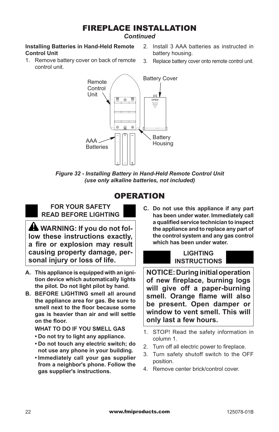 Operation, Fireplace installation | FMI PFS DVF42NH-HA User Manual | Page 22 / 40