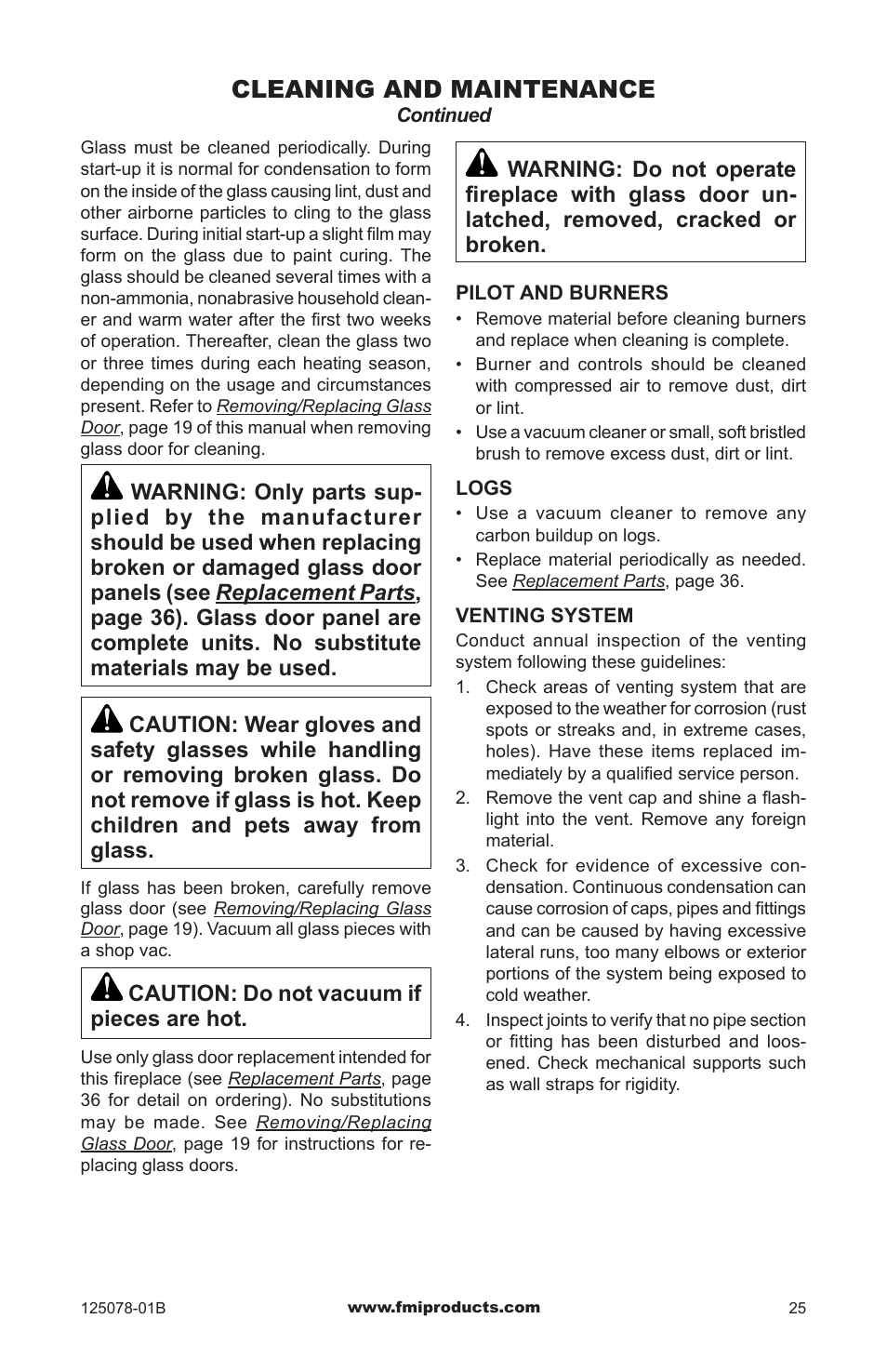 Cleaning and maintenance, Caution: do not vacuum if pieces are hot | FMI PFS DVF42NH-HA User Manual | Page 25 / 40