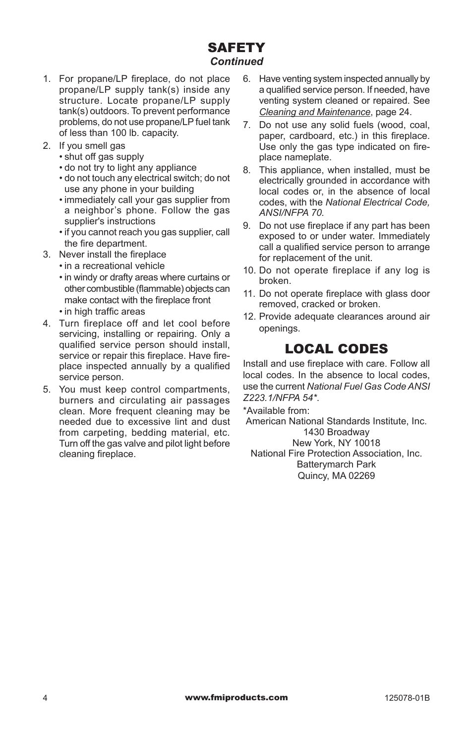 Safety, Local codes | FMI PFS DVF42NH-HA User Manual | Page 4 / 40