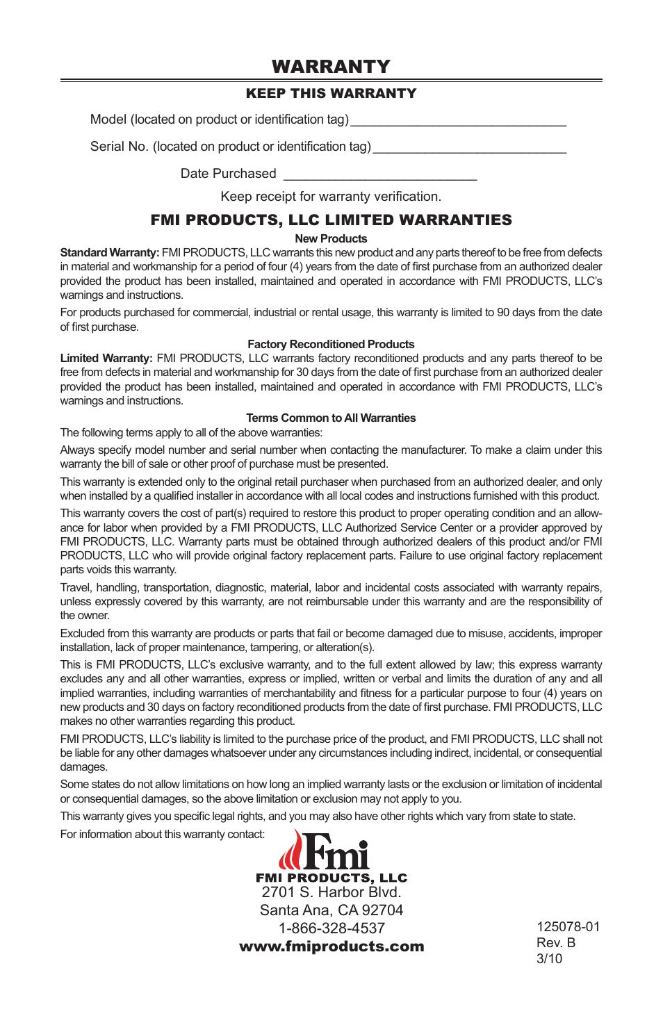 Warranty, Fmi products, llc limited warranties | FMI PFS DVF42NH-HA User Manual | Page 40 / 40
