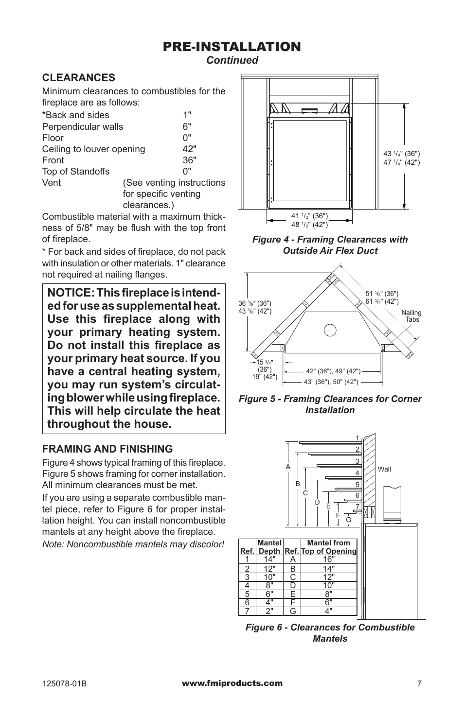 Pre-installation, Clearances, Framing and finishing | Continued | FMI PFS DVF42NH-HA User Manual | Page 7 / 40