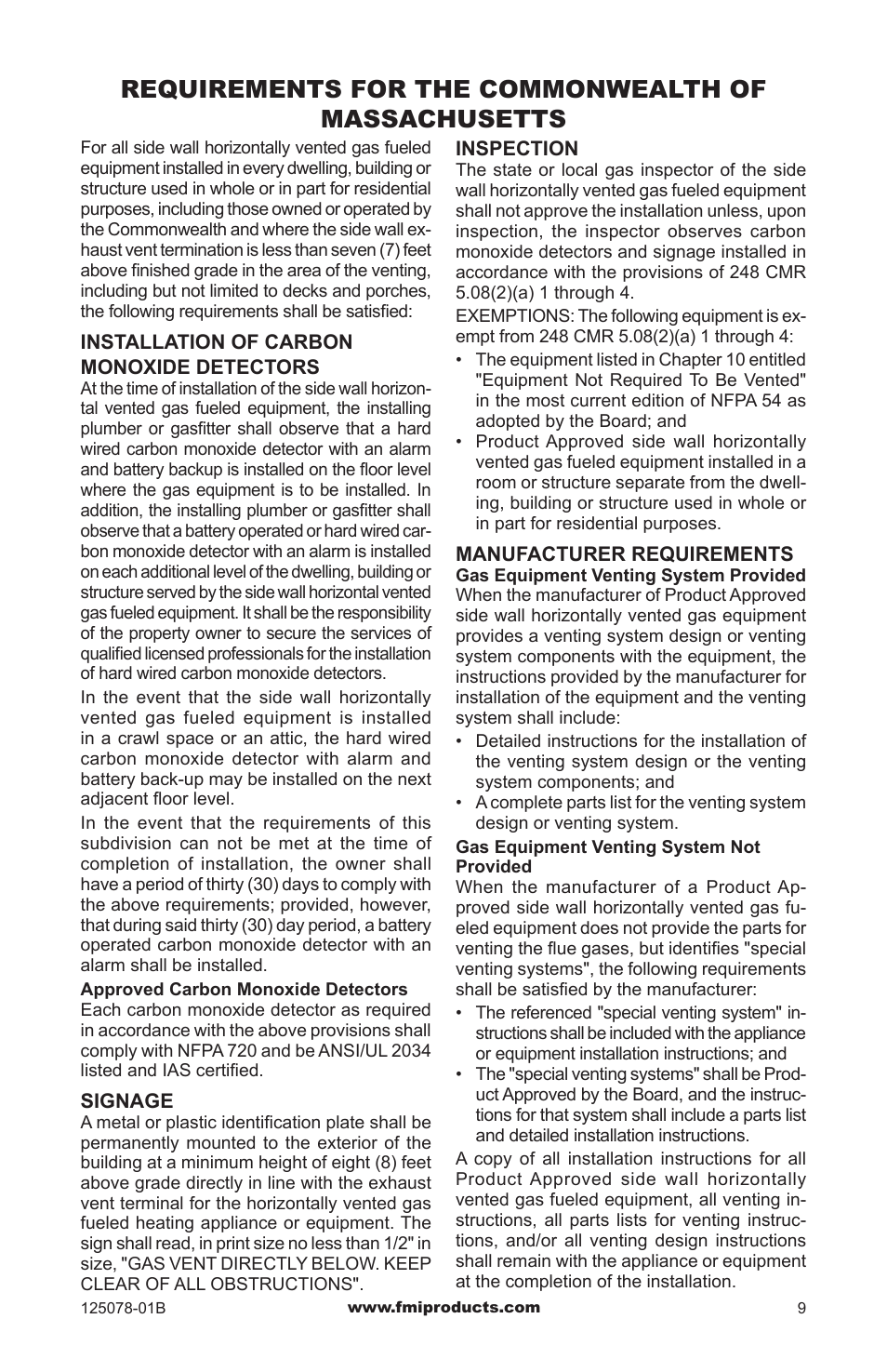 Requirements for the commonwealth of massachusetts | FMI PFS DVF42NH-HA User Manual | Page 9 / 40