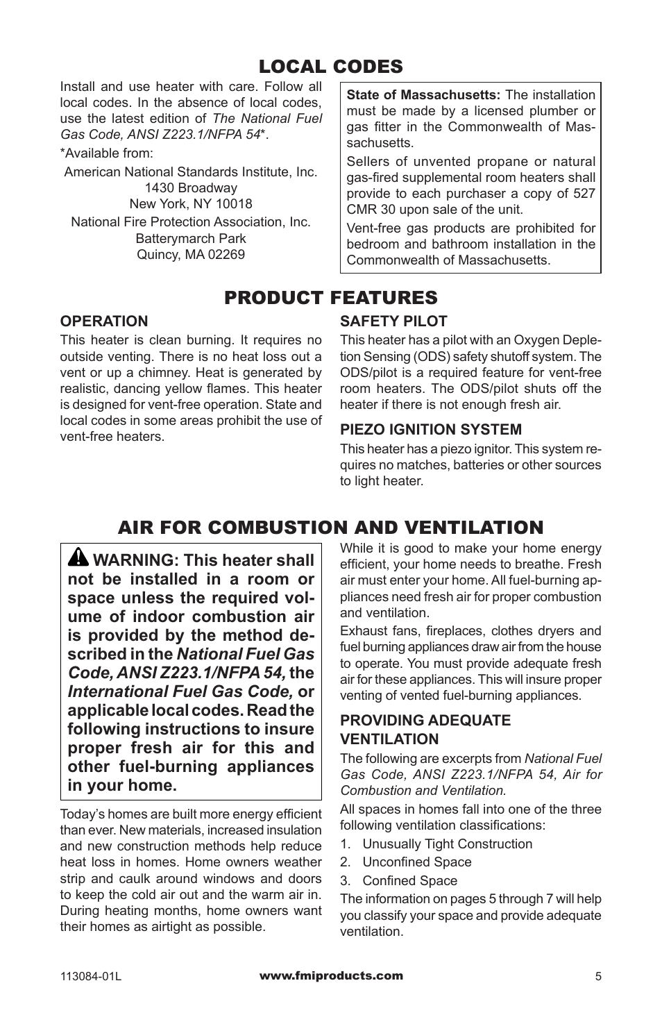 Local codes, Product features, Air for combustion and ventilation | Local codes air for combustion and ventilation | FMI SVYD18NRA User Manual | Page 5 / 28