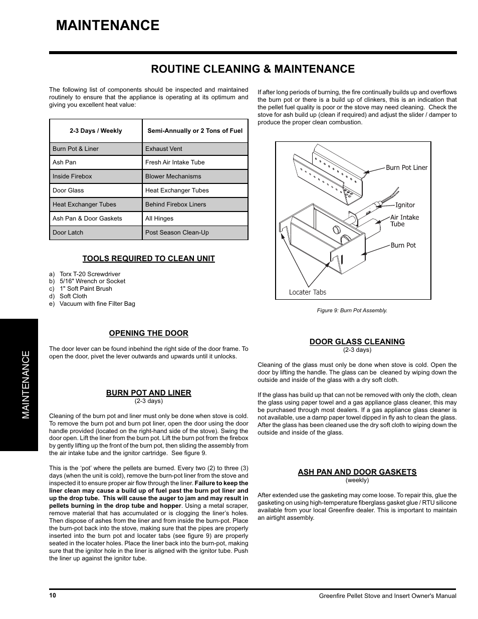 Routine cleaning & maintenance, Maintenance | FMI PELLET STOVE GF55 User Manual | Page 10 / 16