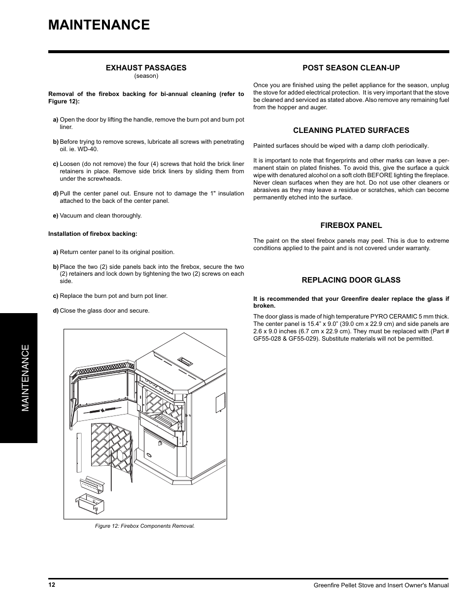 Maintenance | FMI PELLET STOVE GF55 User Manual | Page 12 / 16