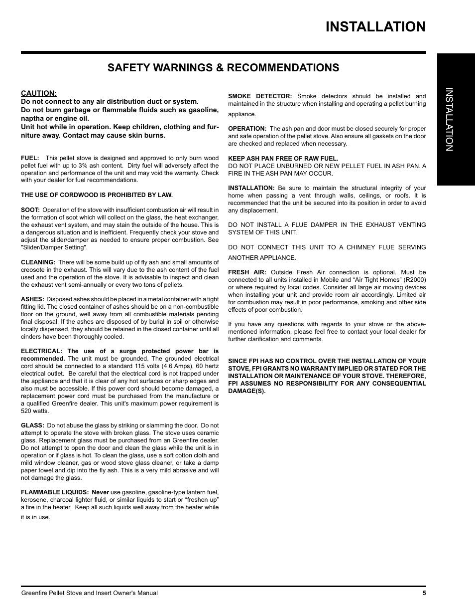 Installation, Safety warnings & recommendations, Inst alla tion | FMI PELLET STOVE GF55 User Manual | Page 5 / 16