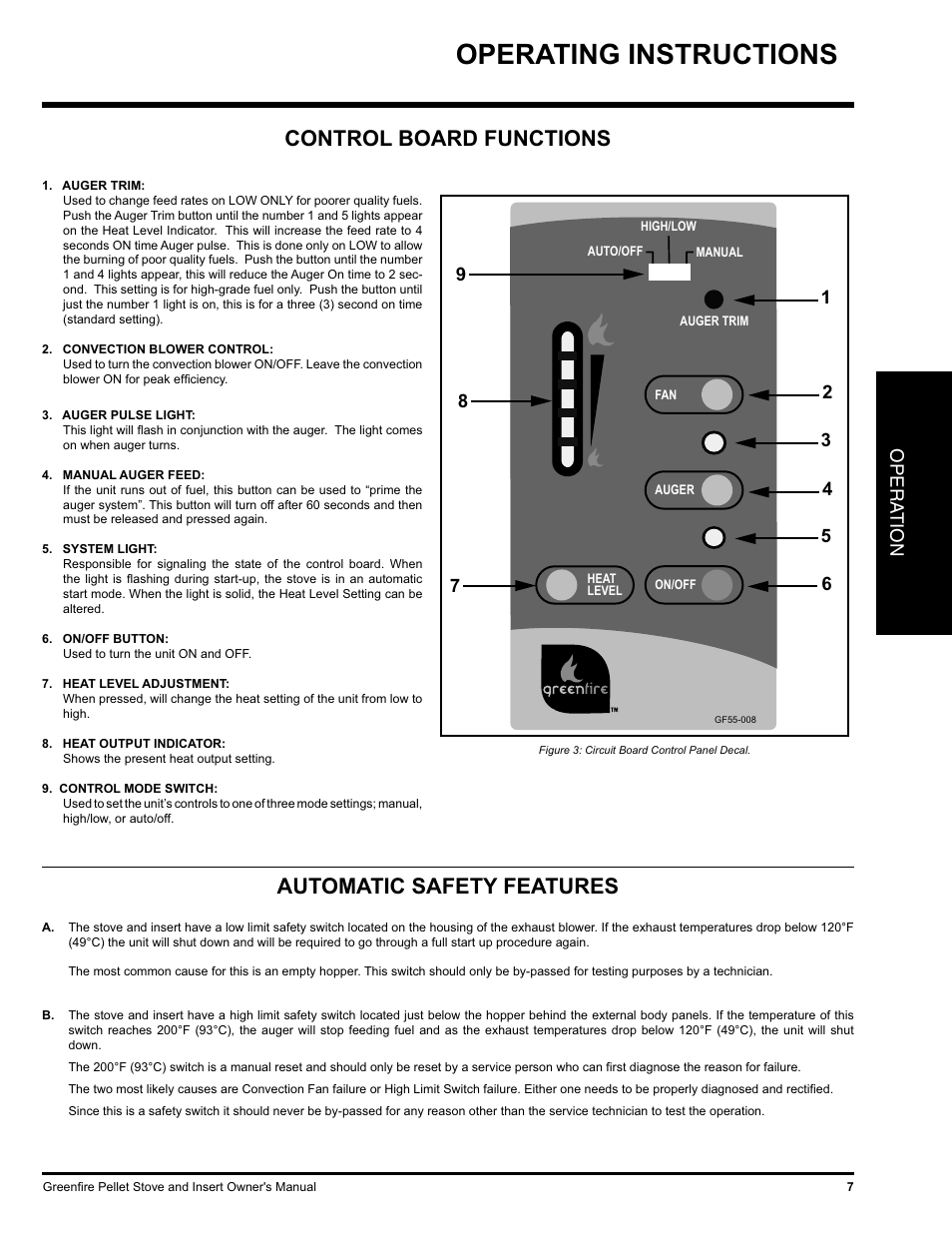 Operating instructions, Control board functions automatic safety features, Opera tion | FMI PELLET STOVE GF55 User Manual | Page 7 / 16