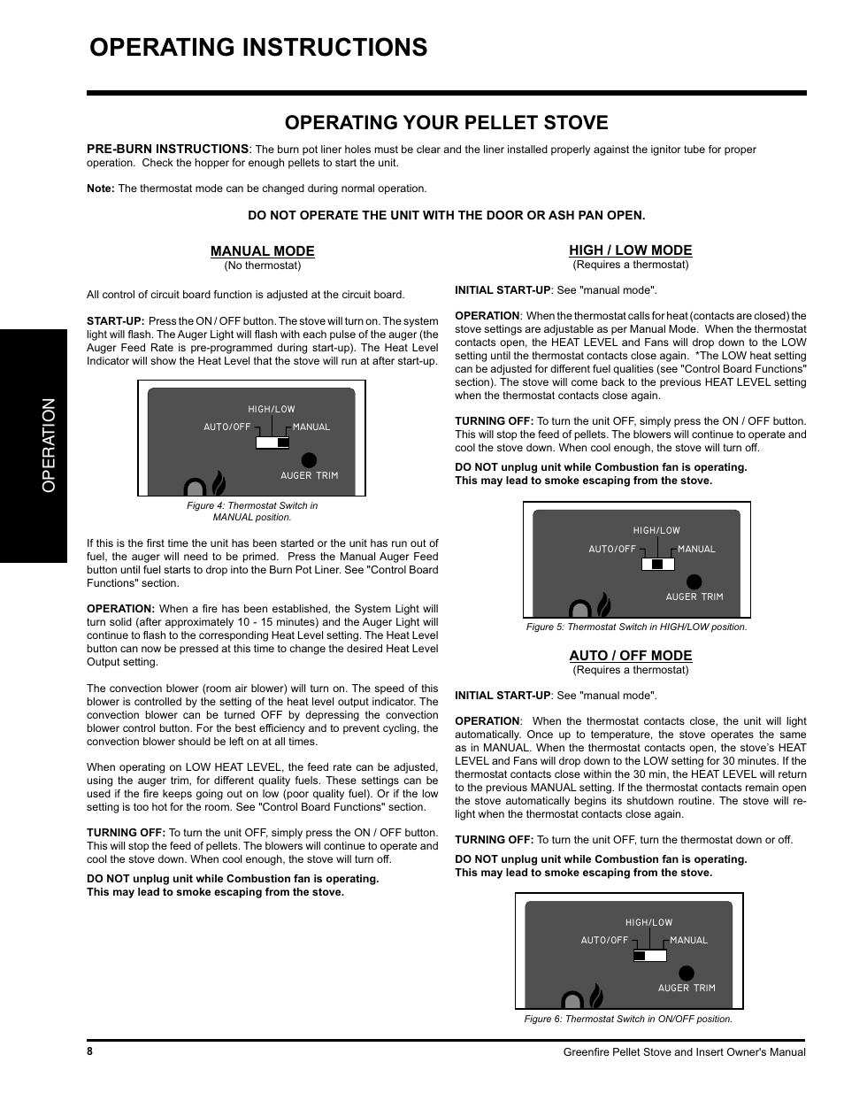 Operating instructions, Operating your pellet stove, Opera tion | FMI PELLET STOVE GF55 User Manual | Page 8 / 16