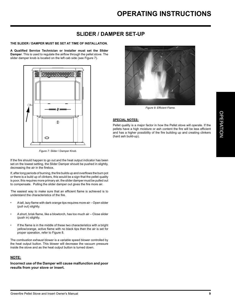 Operating instructions, Slider / damper set-up, Opera tion | FMI PELLET STOVE GF55 User Manual | Page 9 / 16