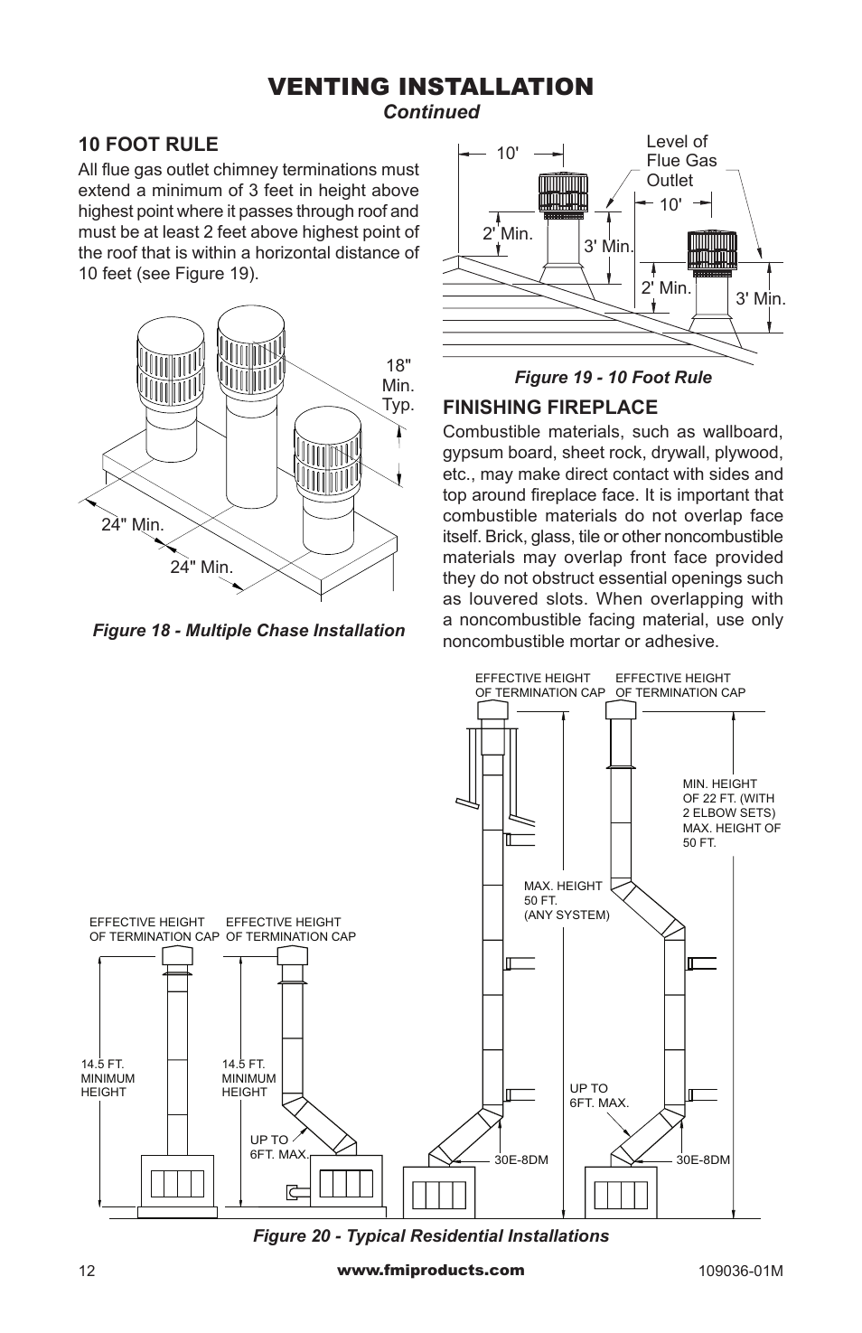 Venting installation, 10 foot rule, Continued finishing fireplace | FMI (V)B42LI User Manual | Page 12 / 20