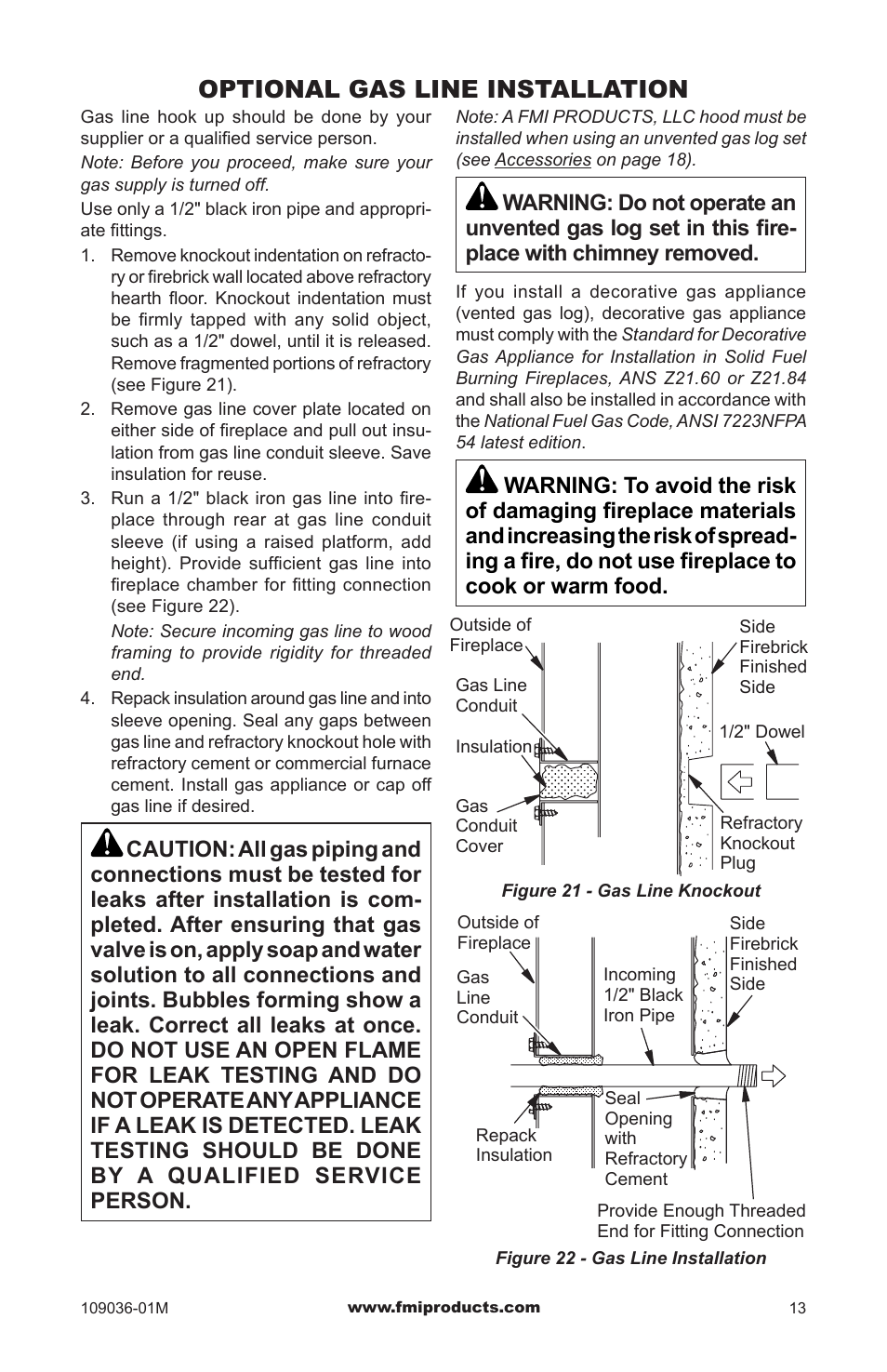 Optional gas line installation | FMI (V)B42LI User Manual | Page 13 / 20