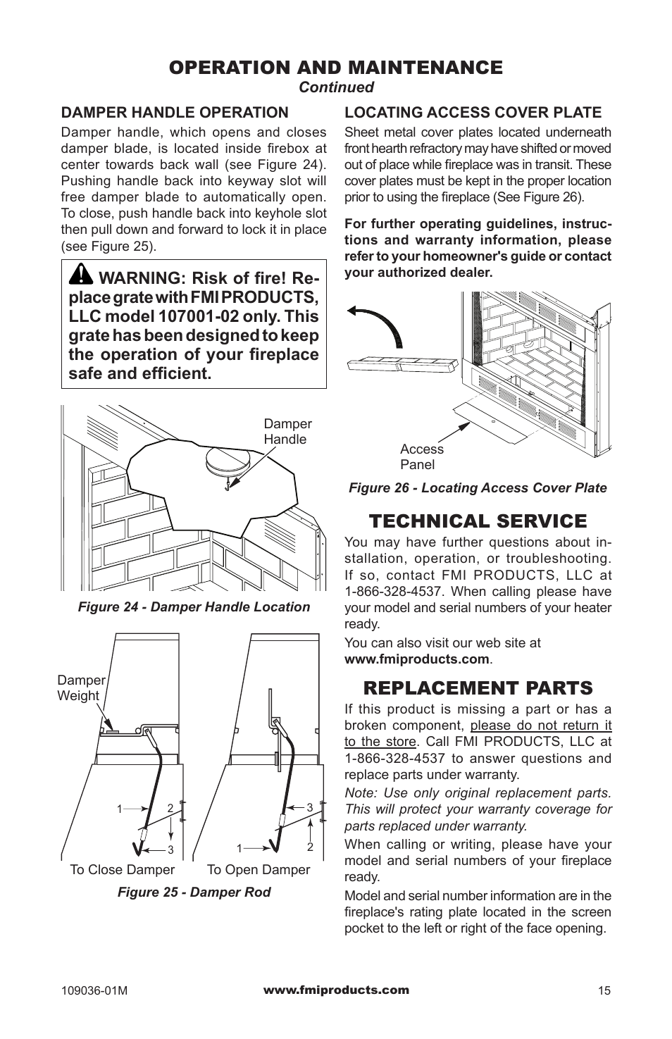 Operation and maintenance, Technical service, Replacement parts | FMI (V)B42LI User Manual | Page 15 / 20